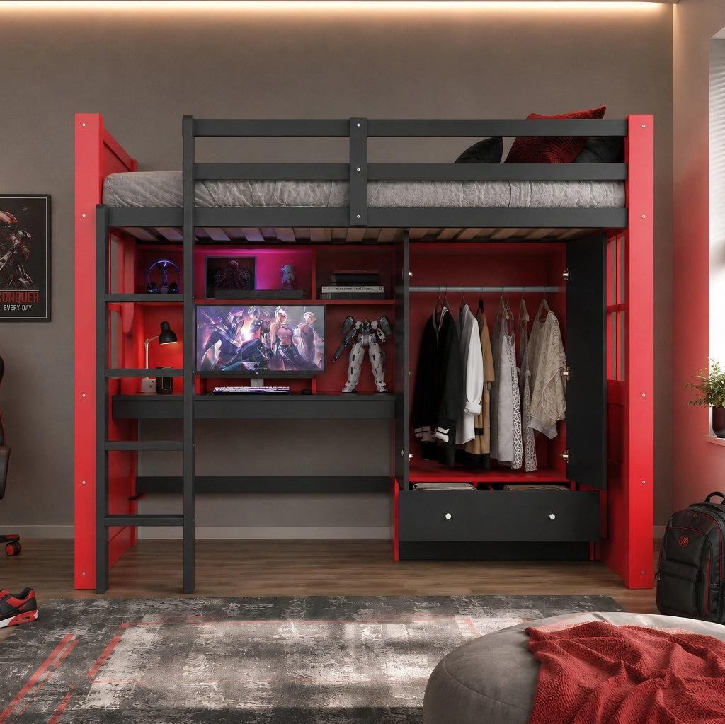 Letto a soppalco 90x200 cm con scrivania; armadio; cassetti; LED e prese; nero e rosso