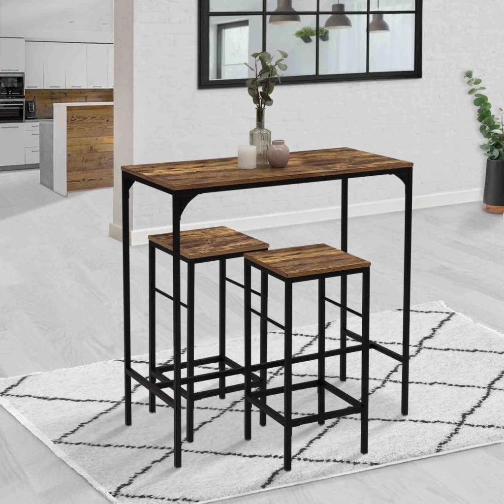 Tavolo da bar e 2 sgabelli DAYTON, alti 95 cm, con effetto anticato, design industriale