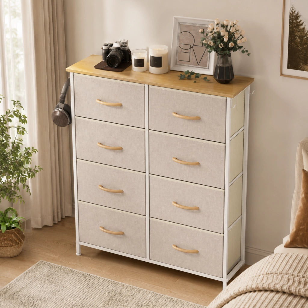 Cassettiera 86x30x94.5 cm con 8 cassetti in tessuto e struttura in acciaio beige