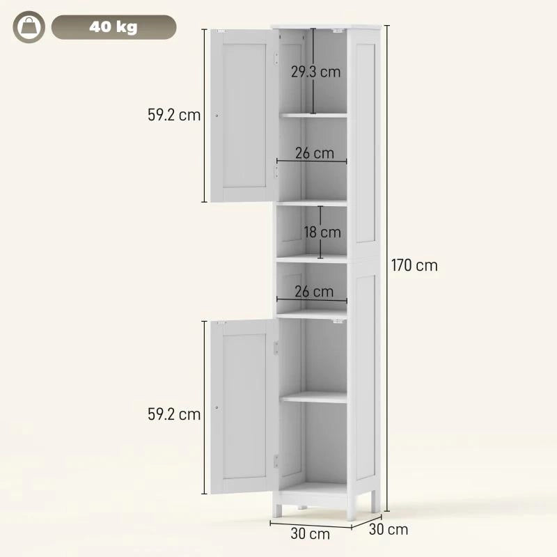 MOBILE ALTO BAGNO CON 2 RIPIANI APERTI E 2 ARMADIETTI CON SCAFFALI REGOLABILI, IN LEGNO, 30X30X170 CM, BIANCO