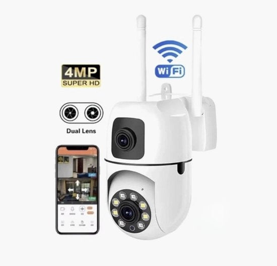 Cassa di Sicurezza 360° Rotativa per Esterno e Interno - 4MP Obiettivo Doppio - Visione Notturna - Rilevamento Movimento e Allarme - Connessione WiFi - Microfoni a Due Vie - Funzione di Sorveglianza Continua