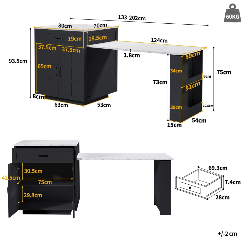 Tavolo bar allungabile 202x70x93.5 cm con spazio contenitivo in MDF nero