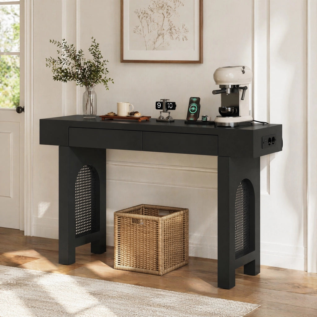 Consolle con 2 cassetti e presa multipla integrata in MDF nero per ingresso e soggiorno 120 × 35,5 × 76,5 cm