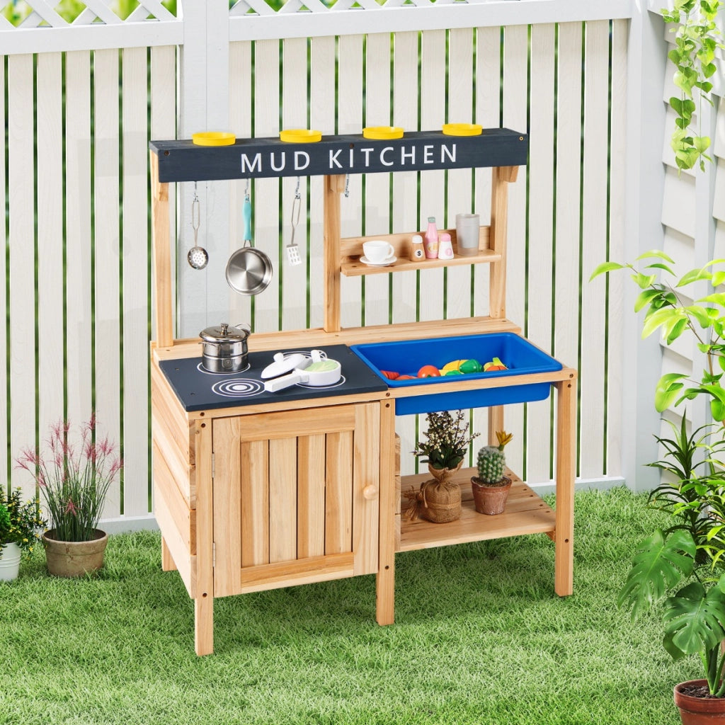 Cucina da esterno per bambini da 3 a 8 anni 2 ripiani di stoccaggio, Cucina giocattolo in legno con lavello removibile Naturale-Cucine giocattoli