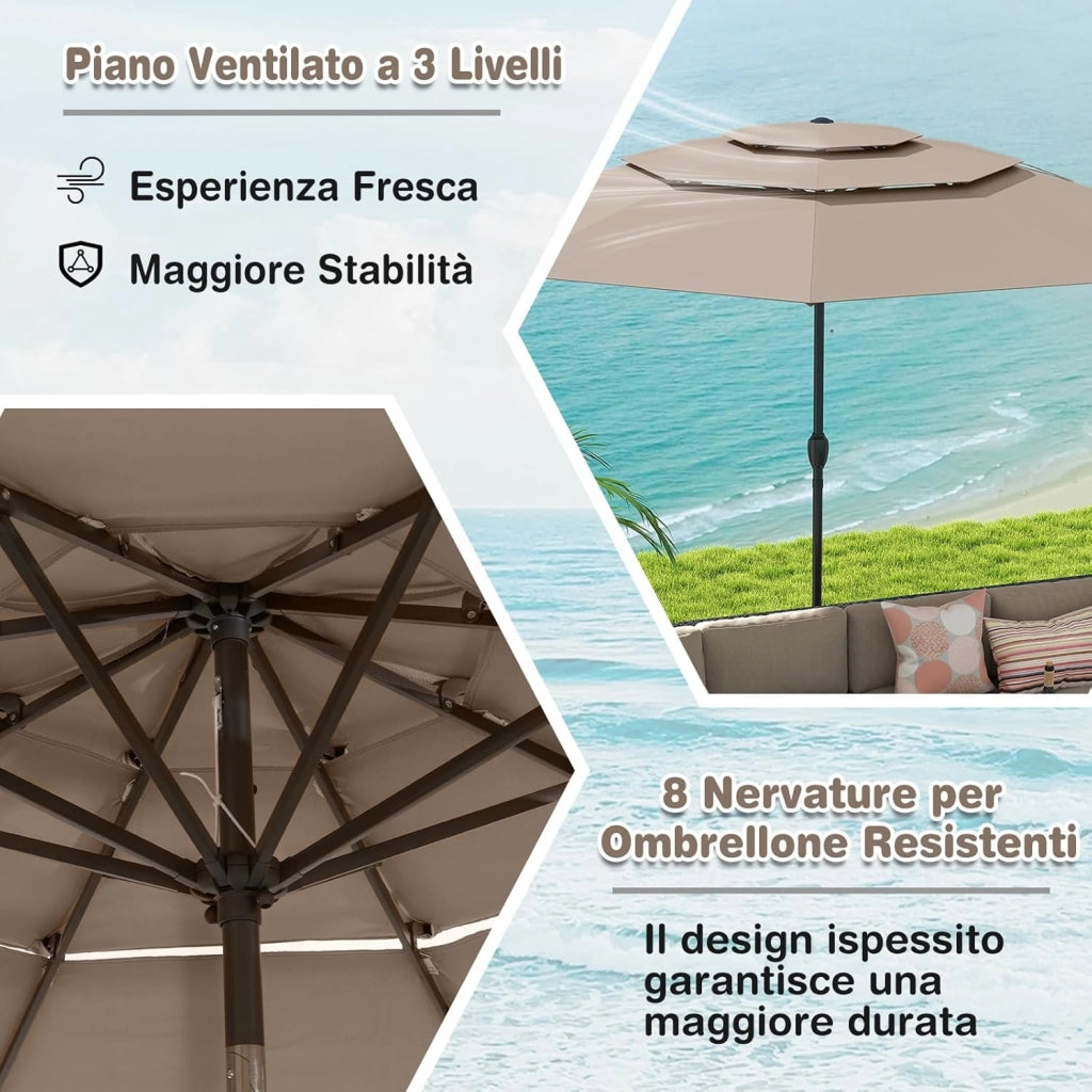 Ombrellone da Giardino 300 cm, Ombrellone Esterno con Inclinazione Regolabile, Ombrellone a 3 Livelli con Manovella 8 Stecche, per Giardino Piscina Cortile (Marrone)