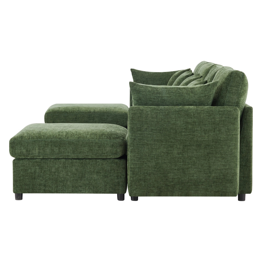 Divano Modulare Angolare con Poggiapiedi e Cuscini in Tessuto Chenille ¨C MINIMAL ¨C Verde