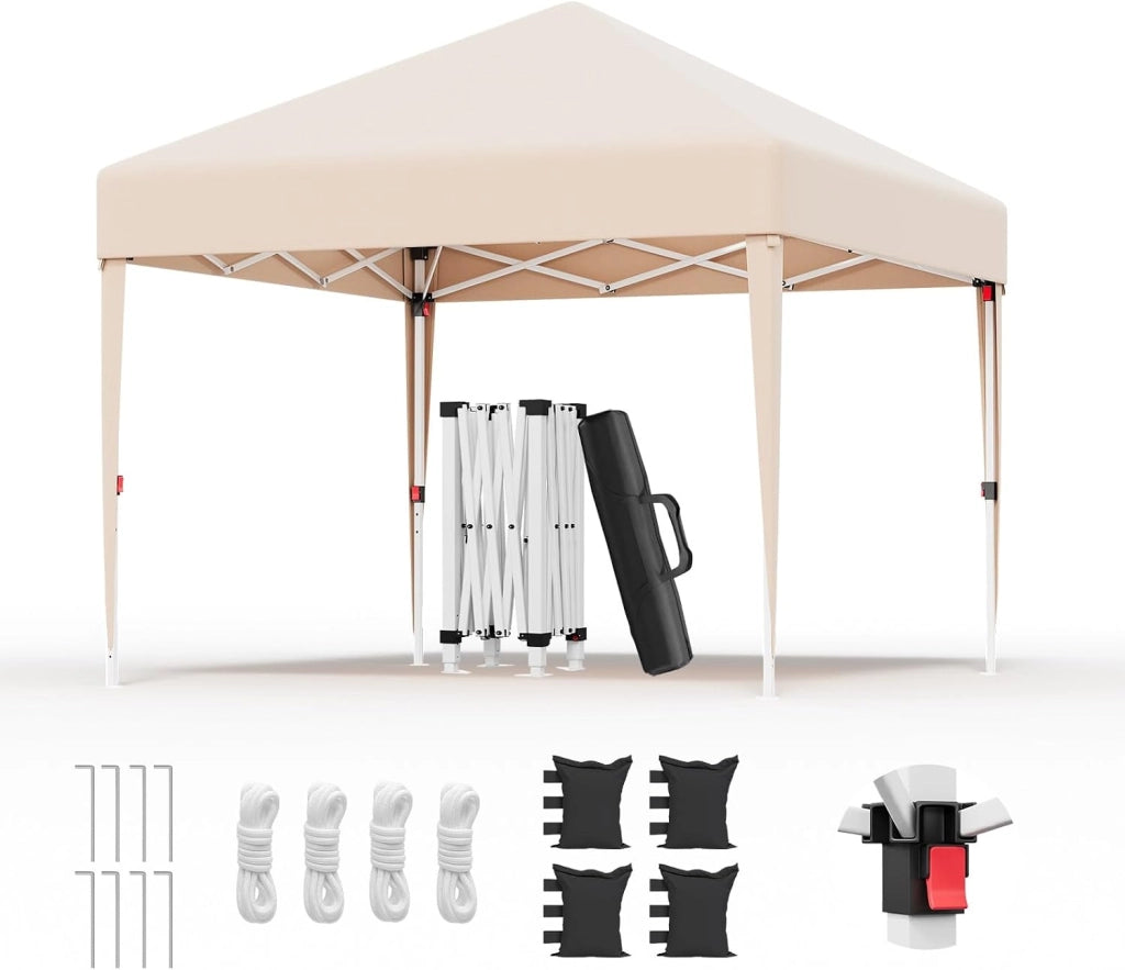 Gazebo 3x3 Pieghevole Impermeabile UPF50+, 3 Altezze Regolabili, Gazebo da Giardino Tende per 8-10 Persone, Gazebo Pieghevole con Borsa da Trasporto, per Giardini, Mercati, Feste, Beige