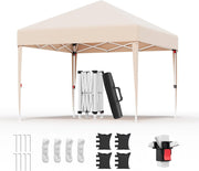 Gazebo 3x3 Pieghevole Impermeabile UPF50+, 3 Altezze Regolabili, Gazebo da Giardino Tende per 8-10 Persone, Gazebo Pieghevole con Borsa da Trasporto, per Giardini, Mercati, Feste, Beige