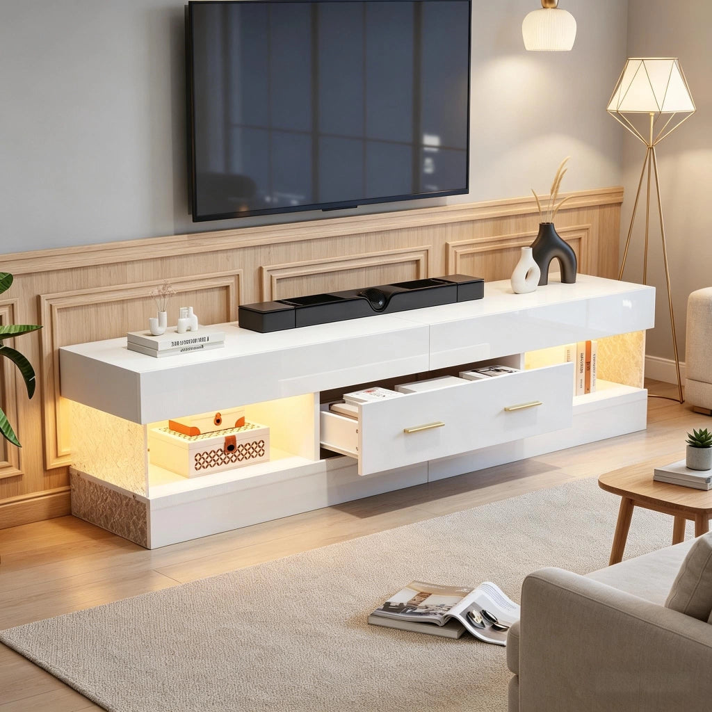 Mobile porta TV con LED, 2 cassetti e 4 vani aperti, in truciolare bianco lucido, per soggiorno, 152 × 35 × 40 cm