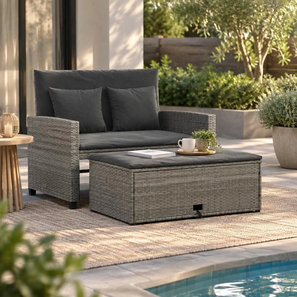 2-seater Garden Sofa With Cushions, Grey Poly Rattan