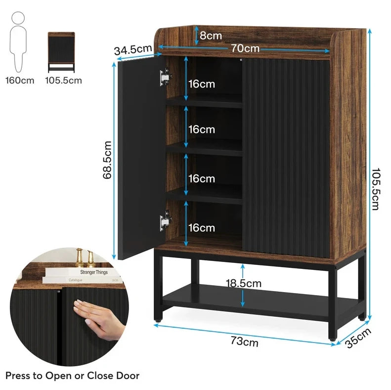Scarpiera con 5 ripiani; ante push-to-open; 73 x 35 x 105;5 cm; nero e marrone rustico