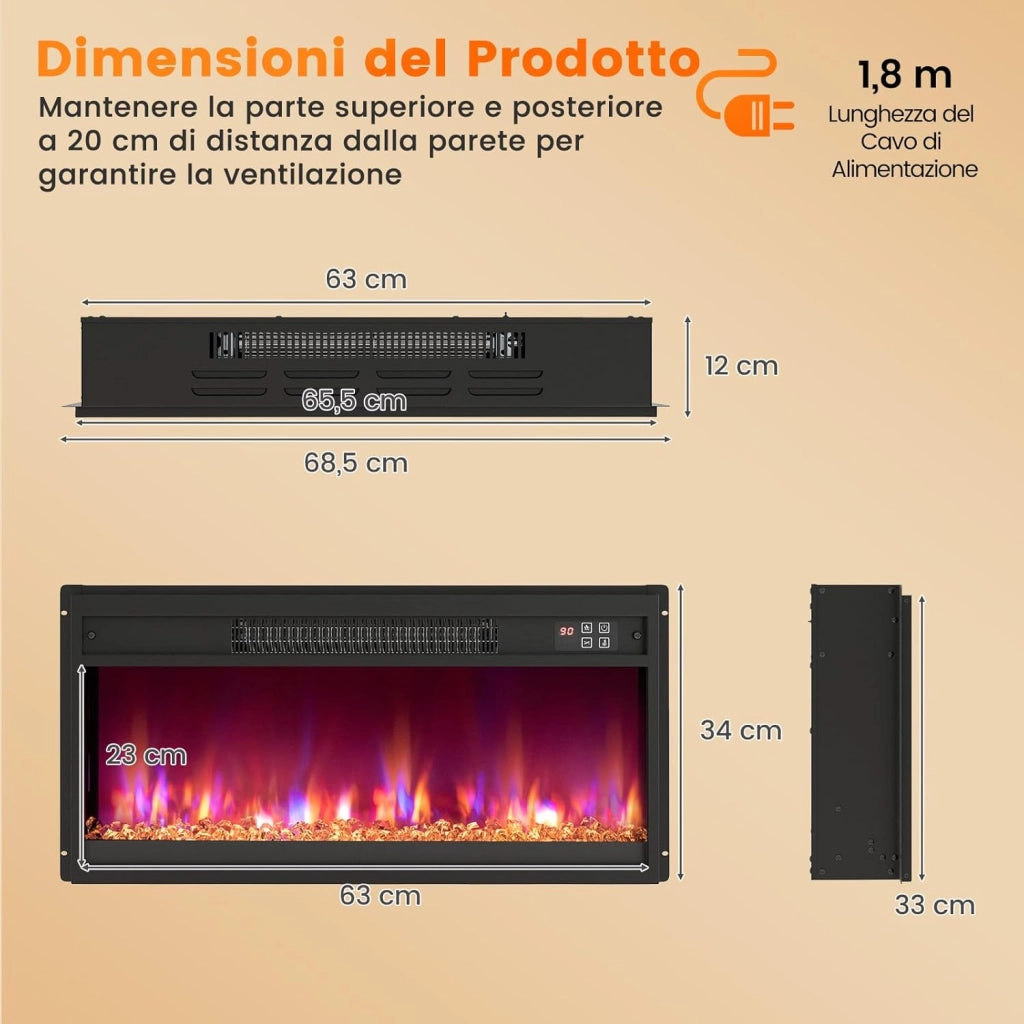 Caminetto Elettrico da Incasso, Inserto Camino Elettrico con Riscaldamento 1500W, Telecomando, Timer 0,5-9H, Effetto Fiamma Regolabile, Termostato e Protezione da Surriscaldamento (68x12x34cm)
