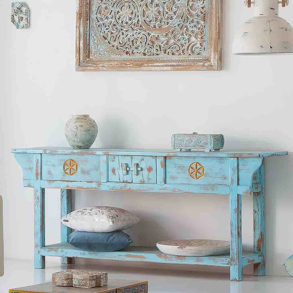 Mobile da ingresso in legno artigianale blu invecchiato 181x45x80h cm