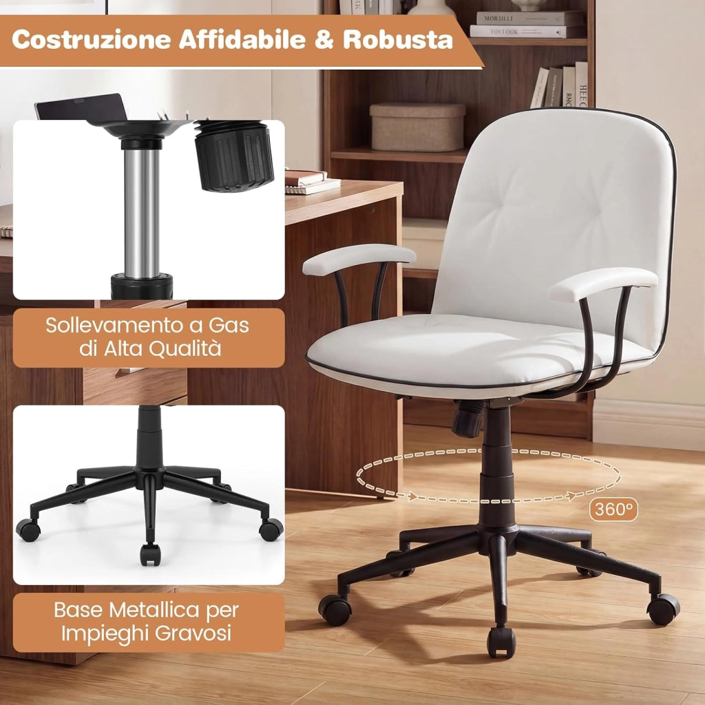Sedia Ufficio Ergonomica con Altezza Regolabile, Poltrona Scrivania Girevole, Sedia con Braccioli Imbottiti e Ruote, Funzione Dondolo, per Ufficio Scrivania Studio (Bianco)