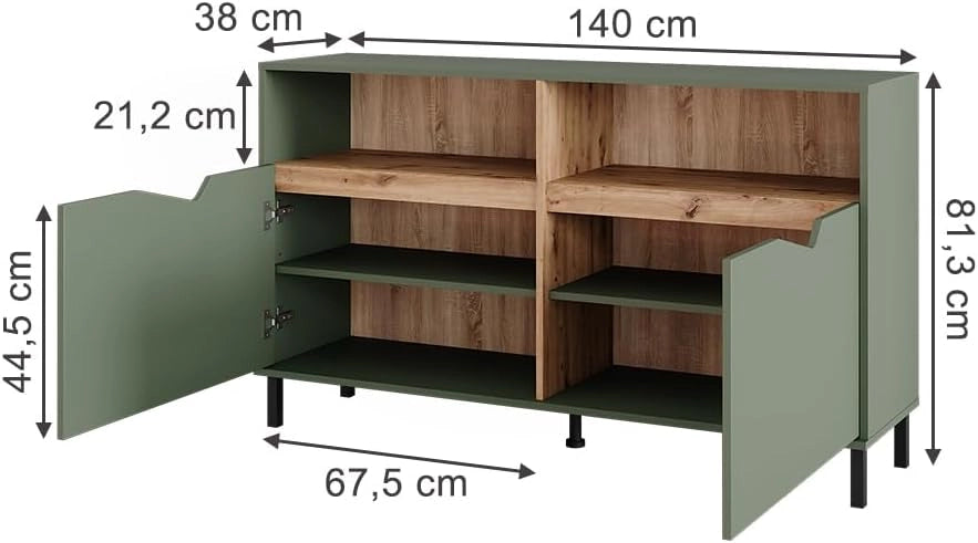 Credenza Marelle, Verde/Artigianale, 140 x 81.3 cm con 2 porte, adatto per la conservazione di diversi oggetti di uso quotidiano