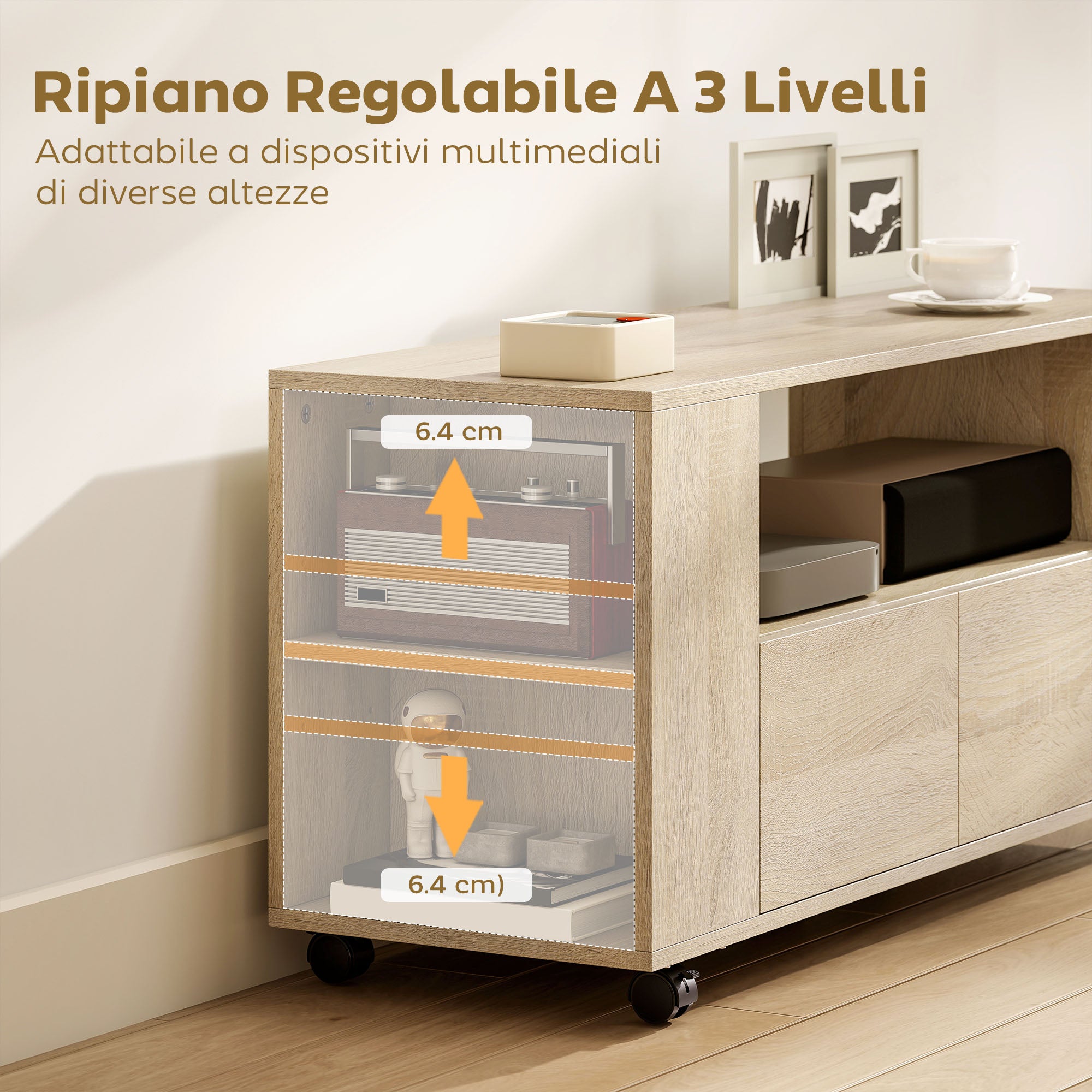 Mobile Porta TV 102x34.5x48.5 cm da 42" con Ruote Ripiani Regolabili e Cassetti Legno
