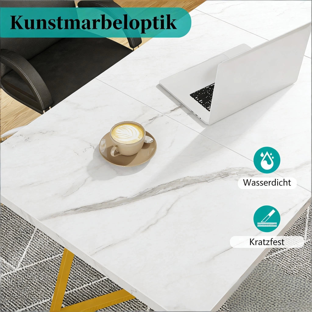 Scrivania lineare moderna e minimalista con piano in legno e gambe in metallo, per ufficio e soggiorno, bianco oro