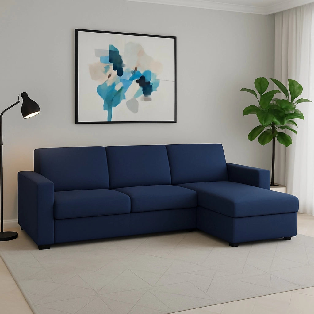 Divano fisso Atos, Divano ad angolo, Made in Italy, SofÒ  Soggiorno, con Penisola contenitore reversibile, in tessuto imbottito, con Braccioli standard, cm 280x95h90, Blu