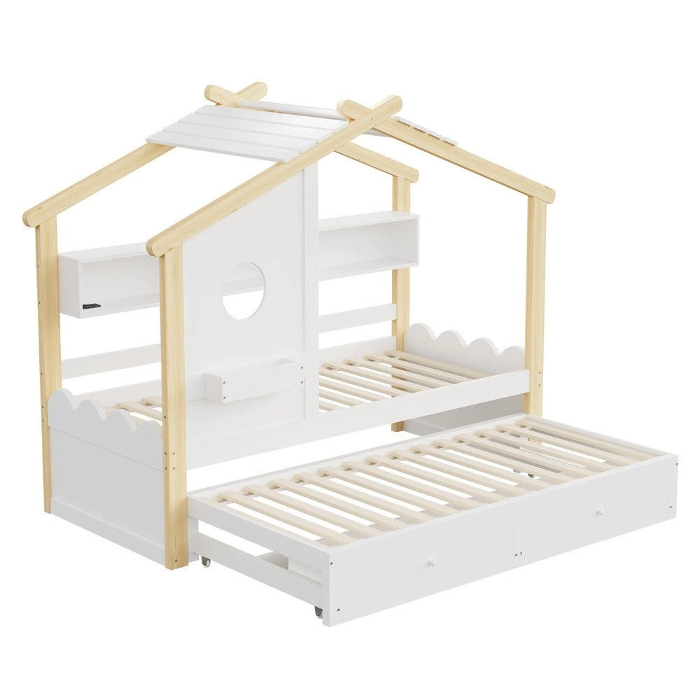 Letto Bambini a Casetta con Letto Estraibile ¨C Xylo ¨C Bianco, LED, USB, Cassetti, 90x200
