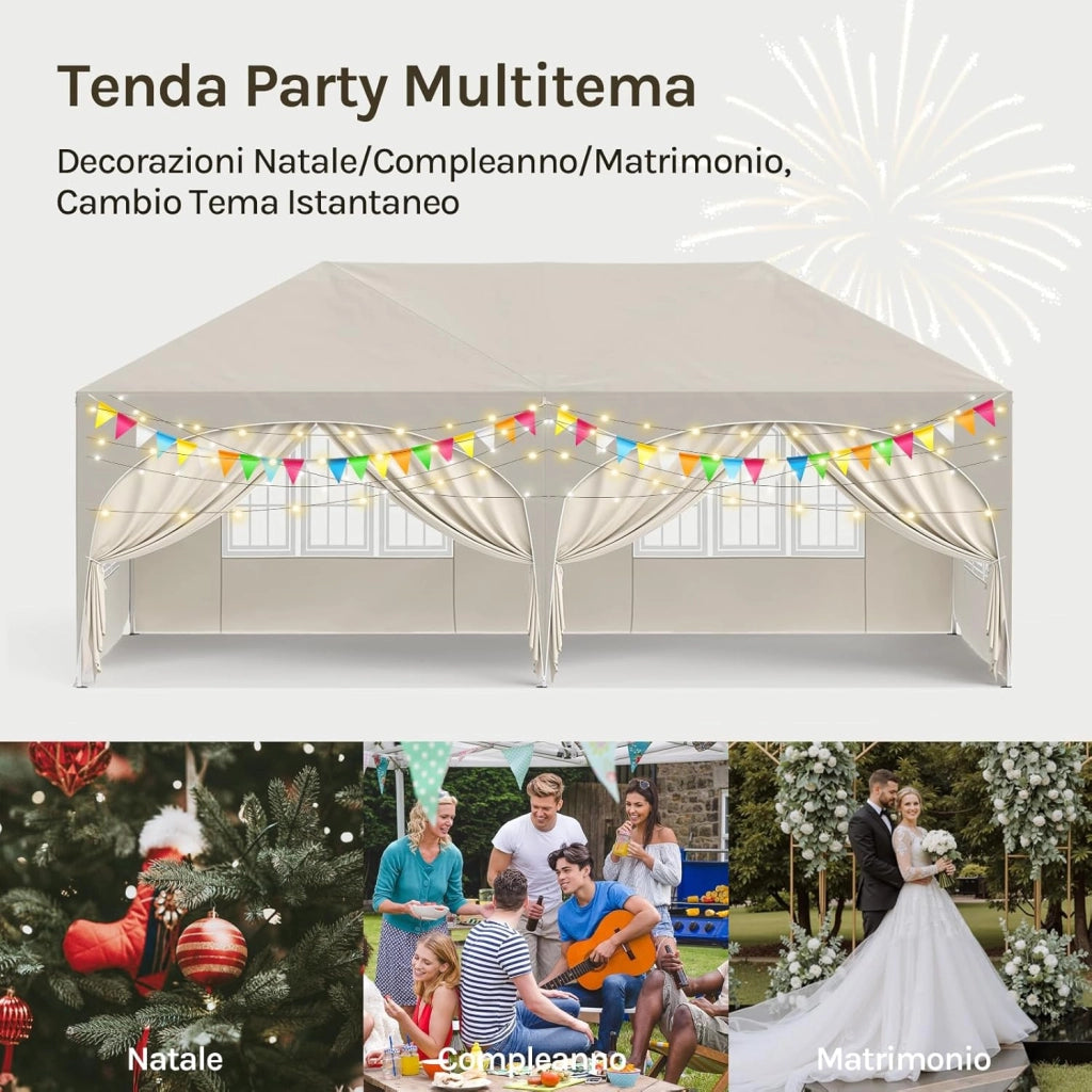 Gazebo Pieghevole da Giardino, Gazebo Idrorepellente Pop Up da 3x6m Pannelli Laterali, Tendone Esterno, Altezza Regolabile, Protezione UV, con Custodia Beige