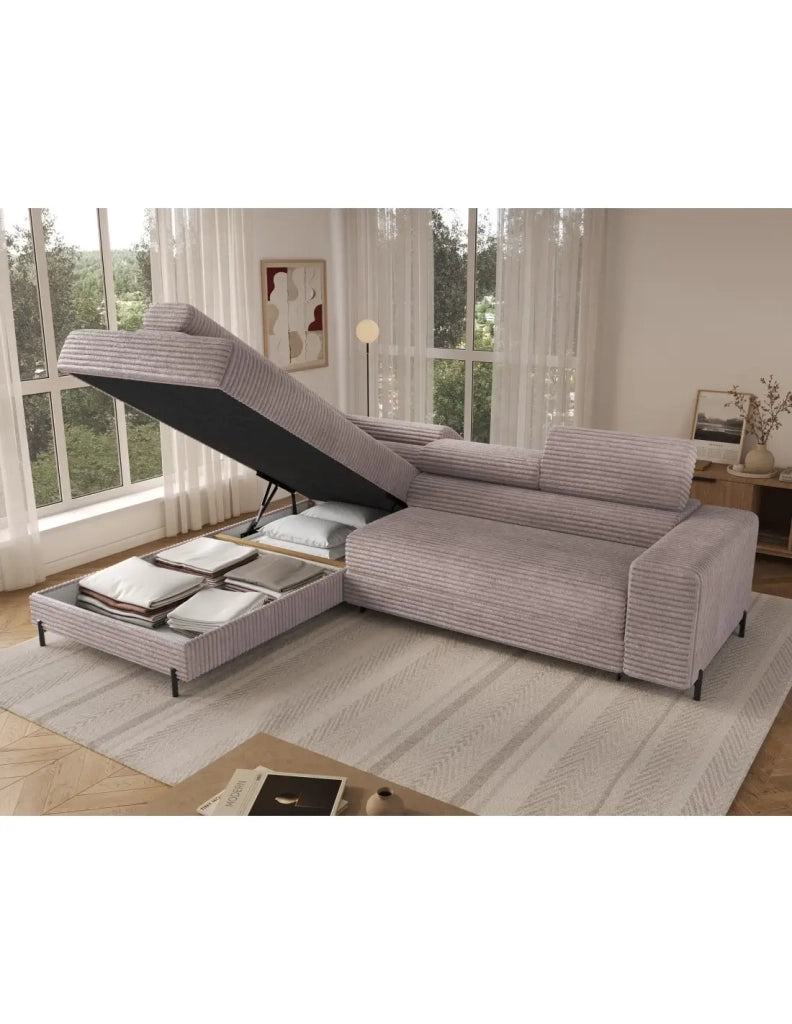 Divano ad angolo COLESIA convertibile 5 posti grigio velluto a coste – sinistra – 274x200cm