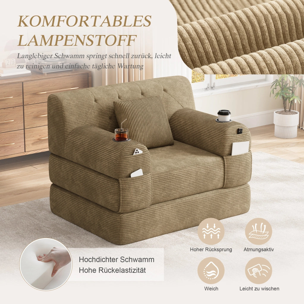 Poltrona letto 1 posto 107x162 cm in velluto a coste con portabevande; kaki