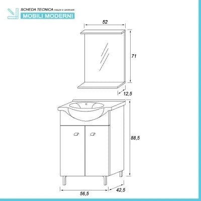 Mobile bagno a terra 55 cm Creta bianco lucido con lavabo e specchio