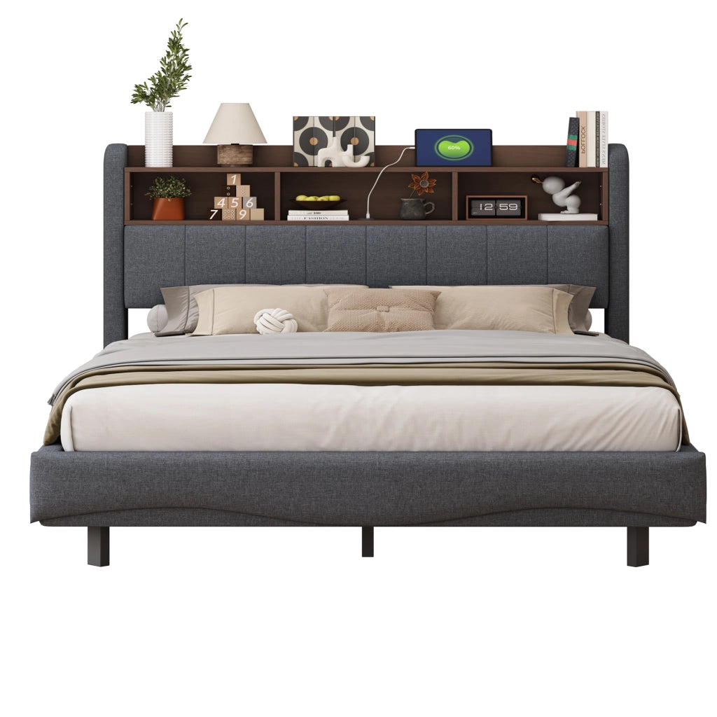 Letto imbottito sospeso 160x200 - Zephmum - Tessuto lino, LED, USB, Type-C, grigio
