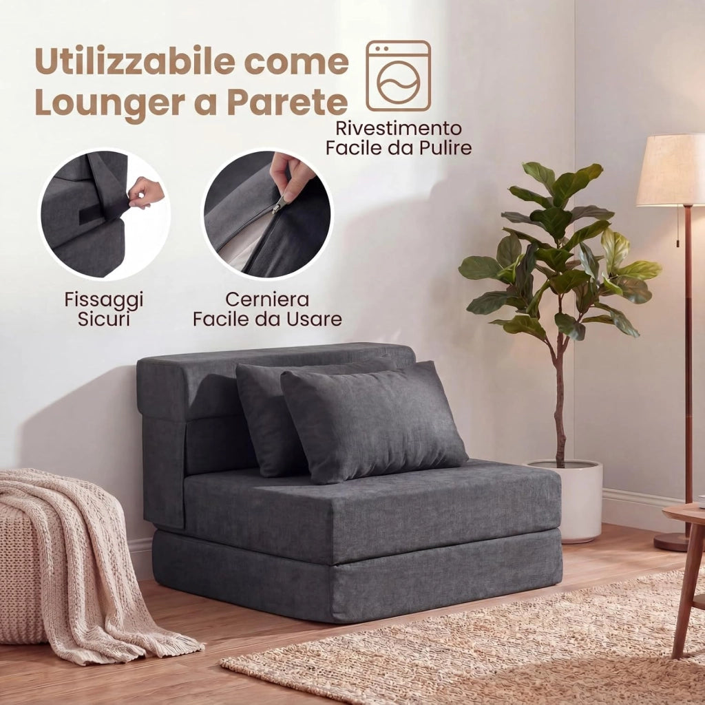 Divano Letto 2 Posti Pieghevole, 3 in 1 Divanetto Trasformabile con 2 Cuscini, Schiuma ad Alta Densità e Rivestimento in Tessuto Chenille, Poltrona Letto per Soggiorno (Grigio,72 x 76 x 58 cm)
