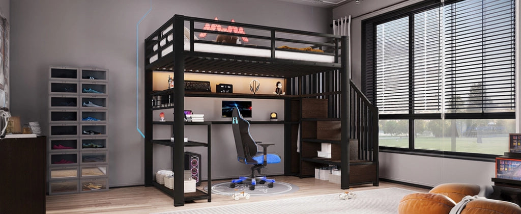 LETTO A CASTELLO 90x200 cm in metallo e MDF nero con scrivania, armadio e LED