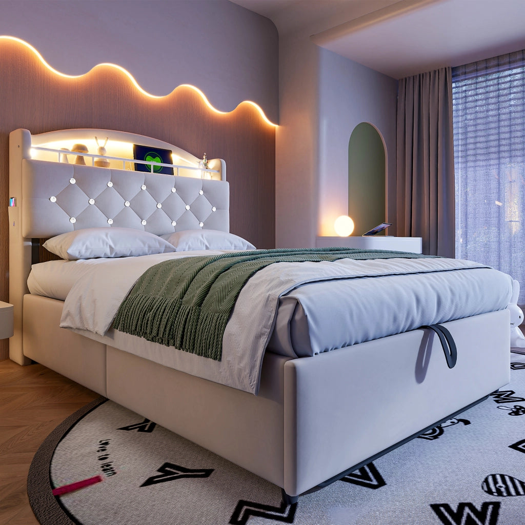 DESMIU Litto per bambini 90 × 200 cm con contenitore, LED e USB, senza materasso, in velluto, beige