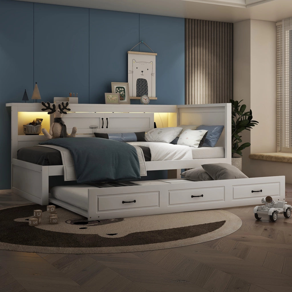 DESMIU Letto divano estraibile 90 × 200 cm 1 posto con LED, presa e USB, senza materasso, bianco