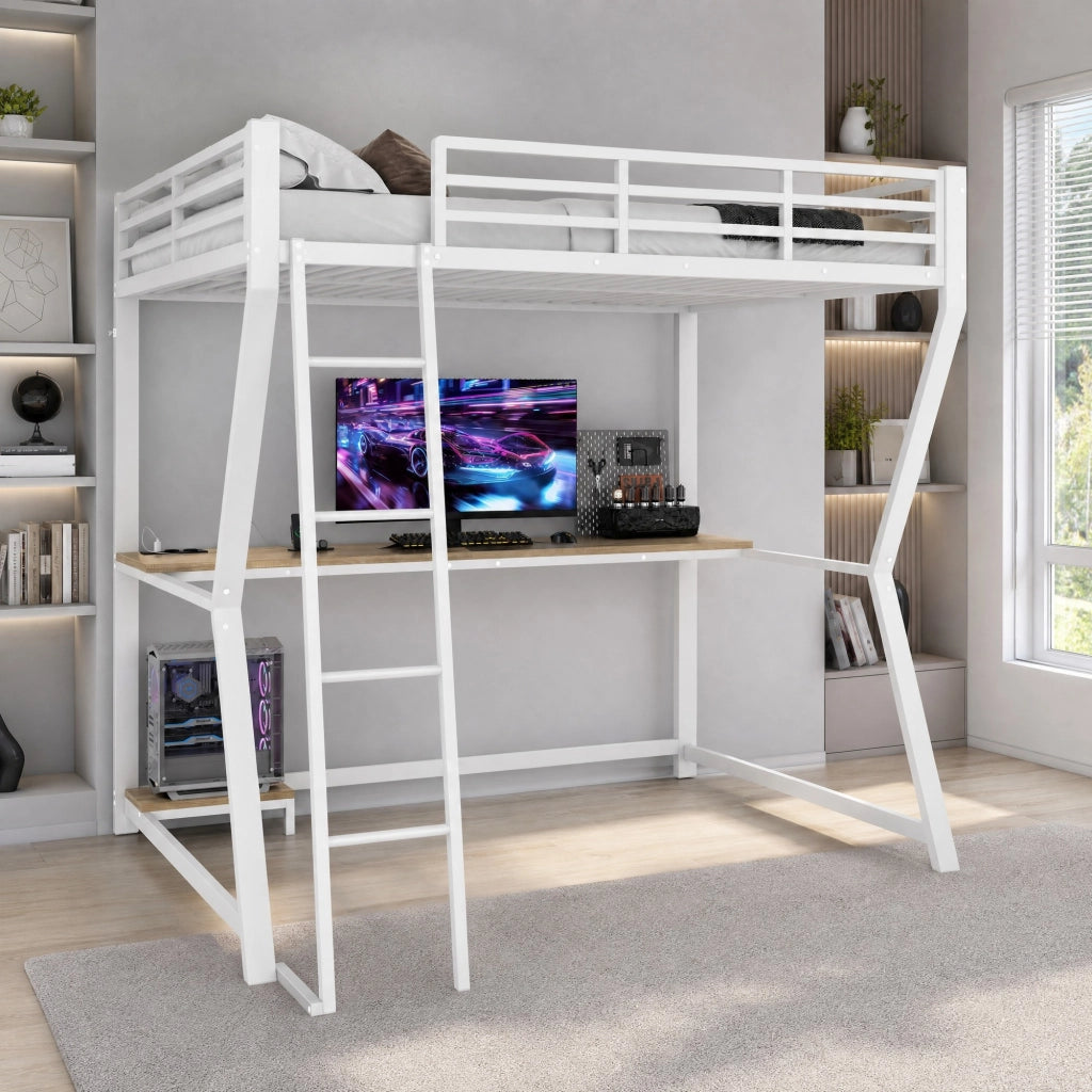 LETTO a soppalco 140x200 cm in metallo bianco con scrivania, presa USB e scale