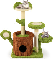 Albero per Gatti, Albero Tiragraffi per Gatto con Condominio Tronco, Trespolo a Fiore, Letto Imbottito, Pompom, Giocattolo a Molla e Piattaforme, Tiragraffi per Gatti da Interno