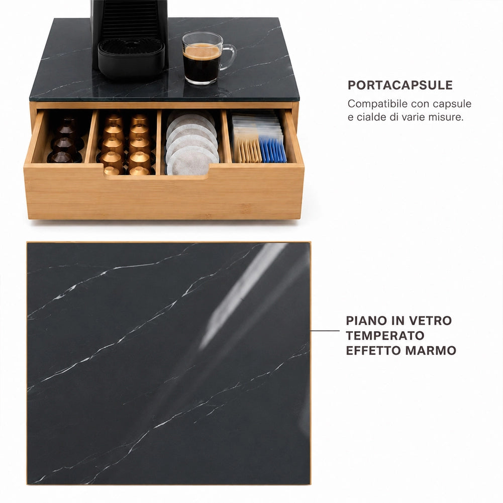 Portacapsule Piano Vetro Effetto Marmo Nero Portacialde Organizer 31.5x30x10cm