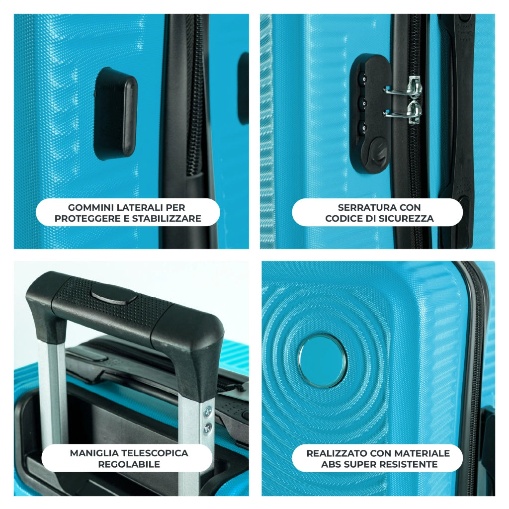 Trolley Bagaglio Mano Rigido 54x33x22 Piccolo Ultraleggero Valigia In Abs Con 4 Ruote Rimovibili Manico Chiusura Di Sicurezza Per Compagnie Low Cost Economy Zaino Da Viaggio Turchese
