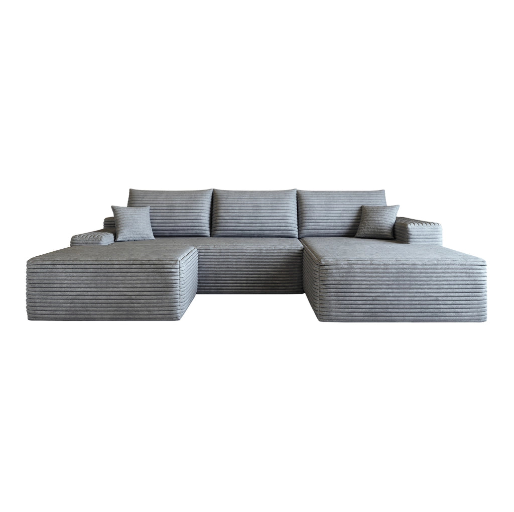 Divano modulare con chaise longue a L in tessuto grigio a coste