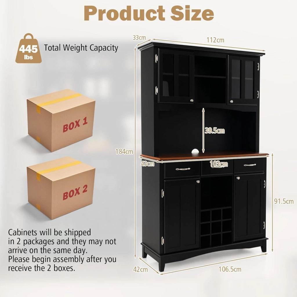 Credenza Alta da Cucina, Armadietto Dispensa con 3 Cassetti e 4 Armadi a Ante e Portabottiglie per 9 Bottiglie, Mobile Buffet per Soggiorno, Sala da Pranzo, 112 x 43 x 184,5 cm (Nero)