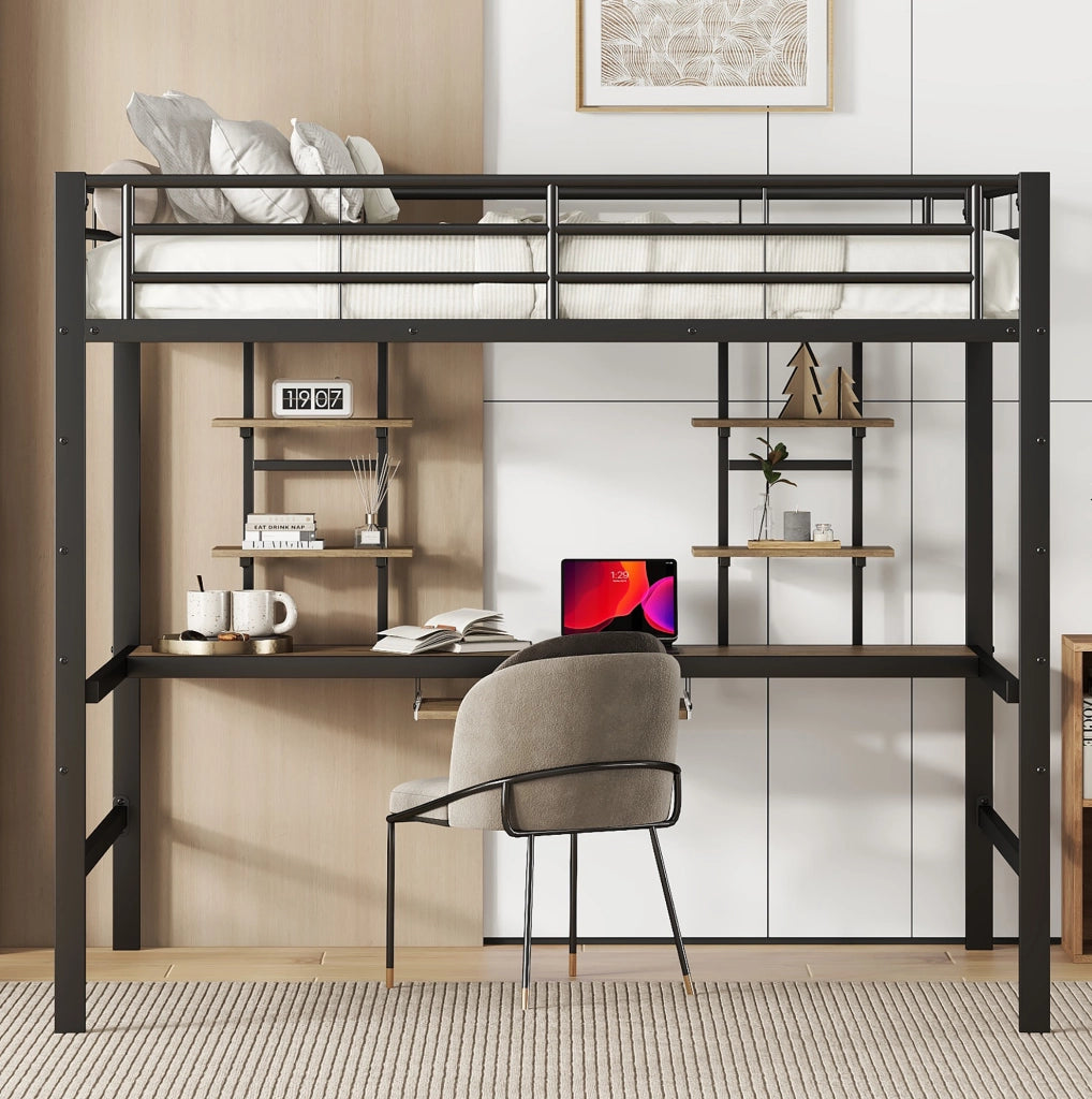 Letto a soppalco 140x200 cm con scrivania e librerie in metallo e MDF nero