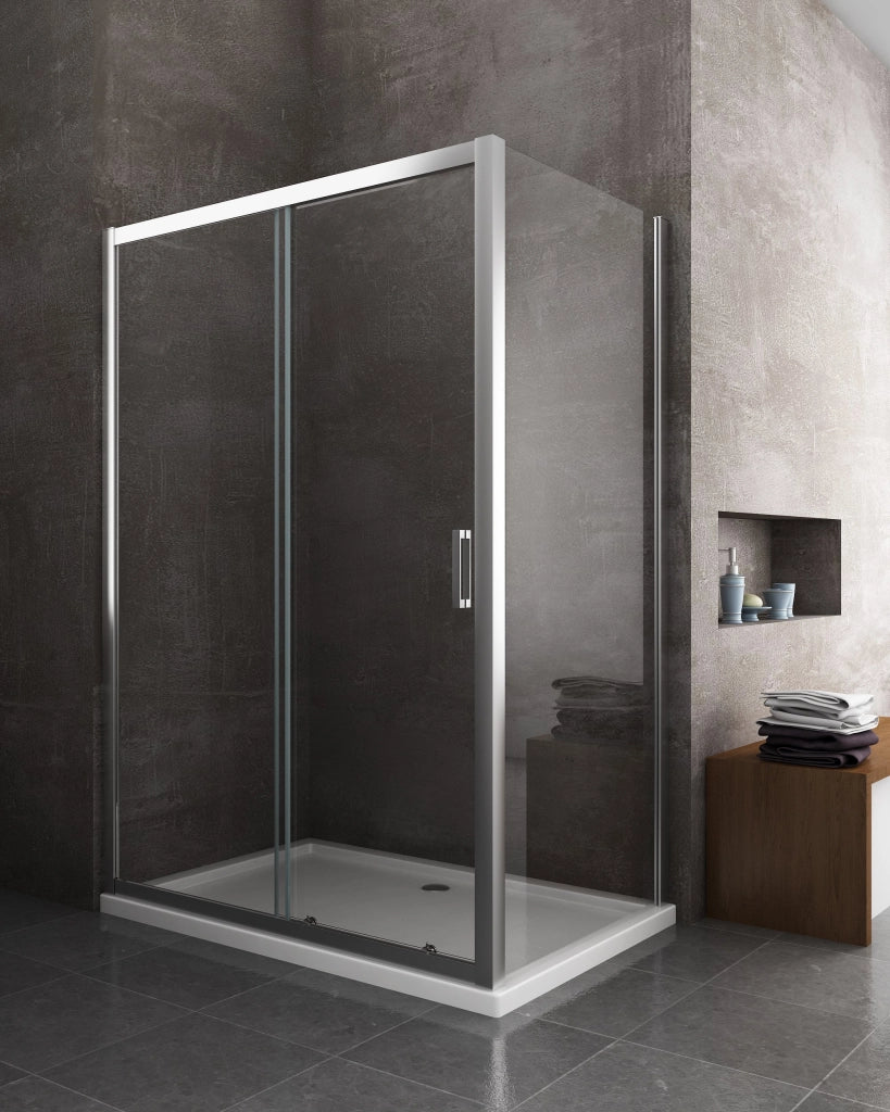 Box doccia angolare parete fissa e ANTA FISSA + PORTA scorrevole vetro 6 mm MISURA 87,5-90 ANTA FISSA + PORTA 125-130