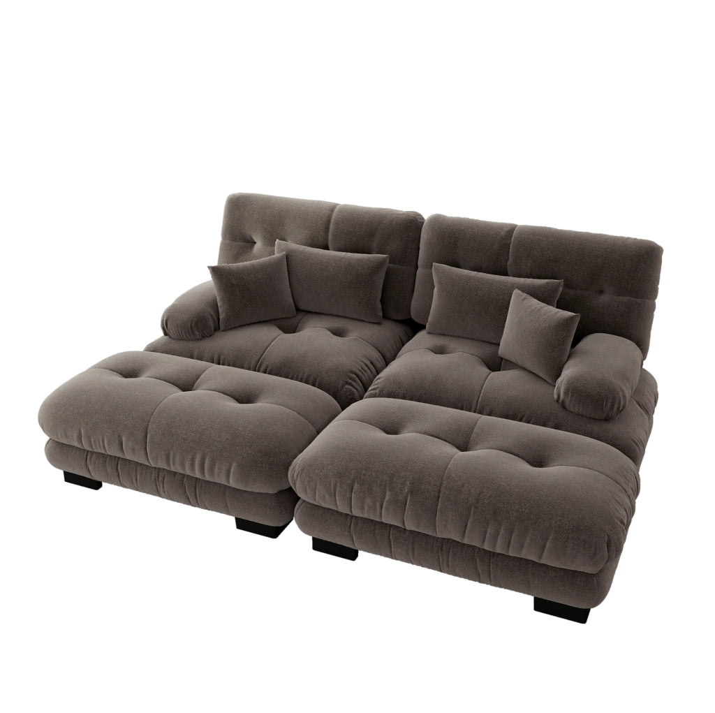 Divano modulare 220x77x81 cm in chenille marrone con cuscini lombari e decorativi