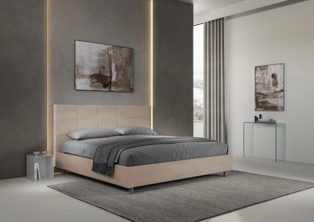 BS COM Letto matrimoniale king size con rete imbottito 200x210 microfibra sabbia
