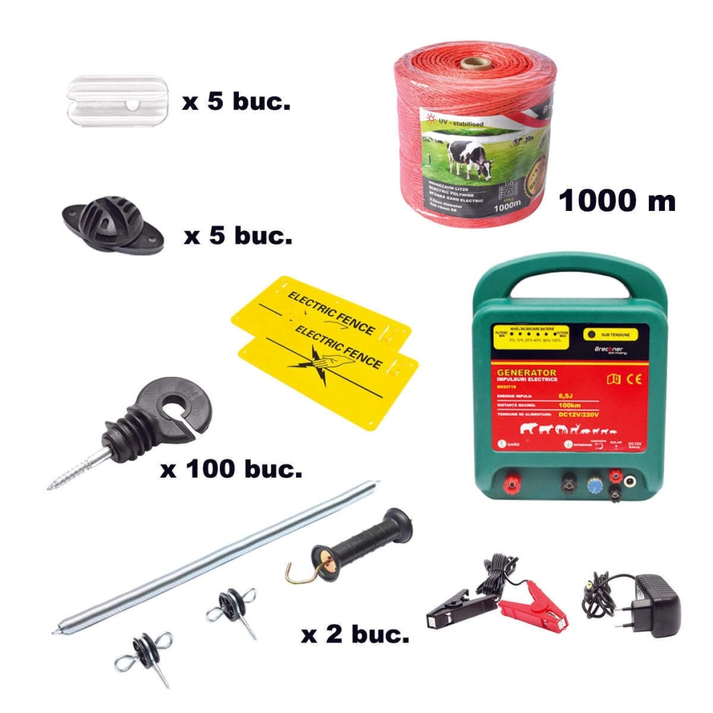Kit completo per recinzione elettrica 12/220V, 6,5 Joule, lunghezza filo 1000m, 100 isolatori, maniglia, cancello e 2 cartelli di segnalazione Breckner Germany