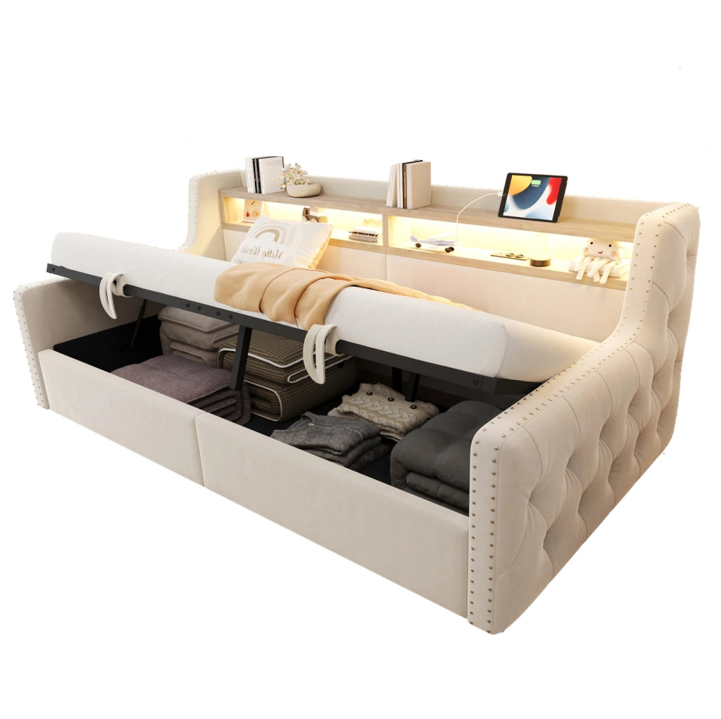 Divano letto 90x200 cm in velluto beige con contenitore; LED; presa e porta USB/Type-C