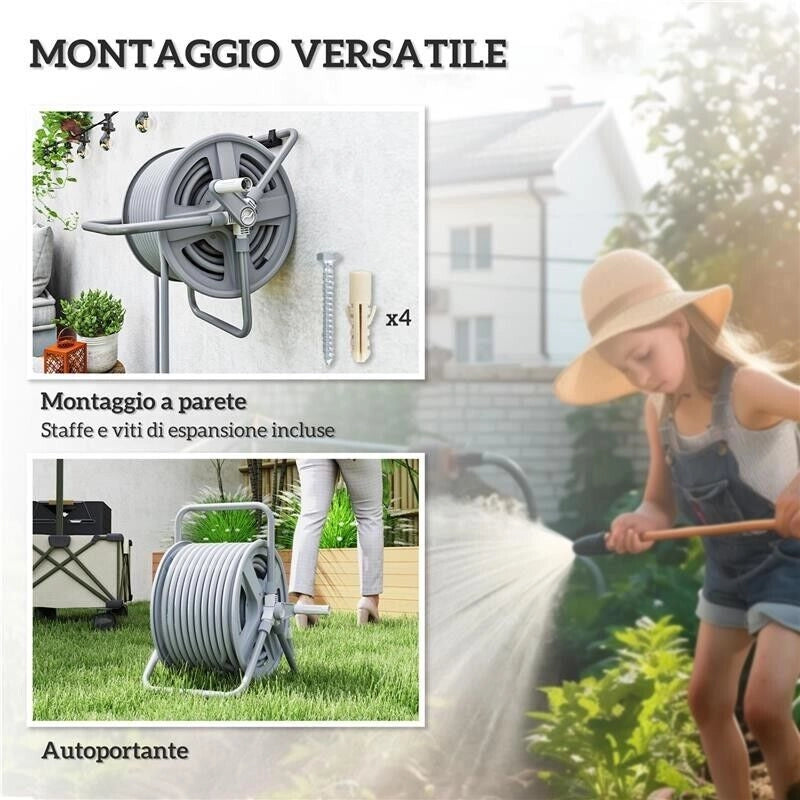 AVVOLGITUBO DA GIARDINO A PARETE E AUTOPORTANTE PER 40M DI TUBO CON MANOVELLA, GRIGIO