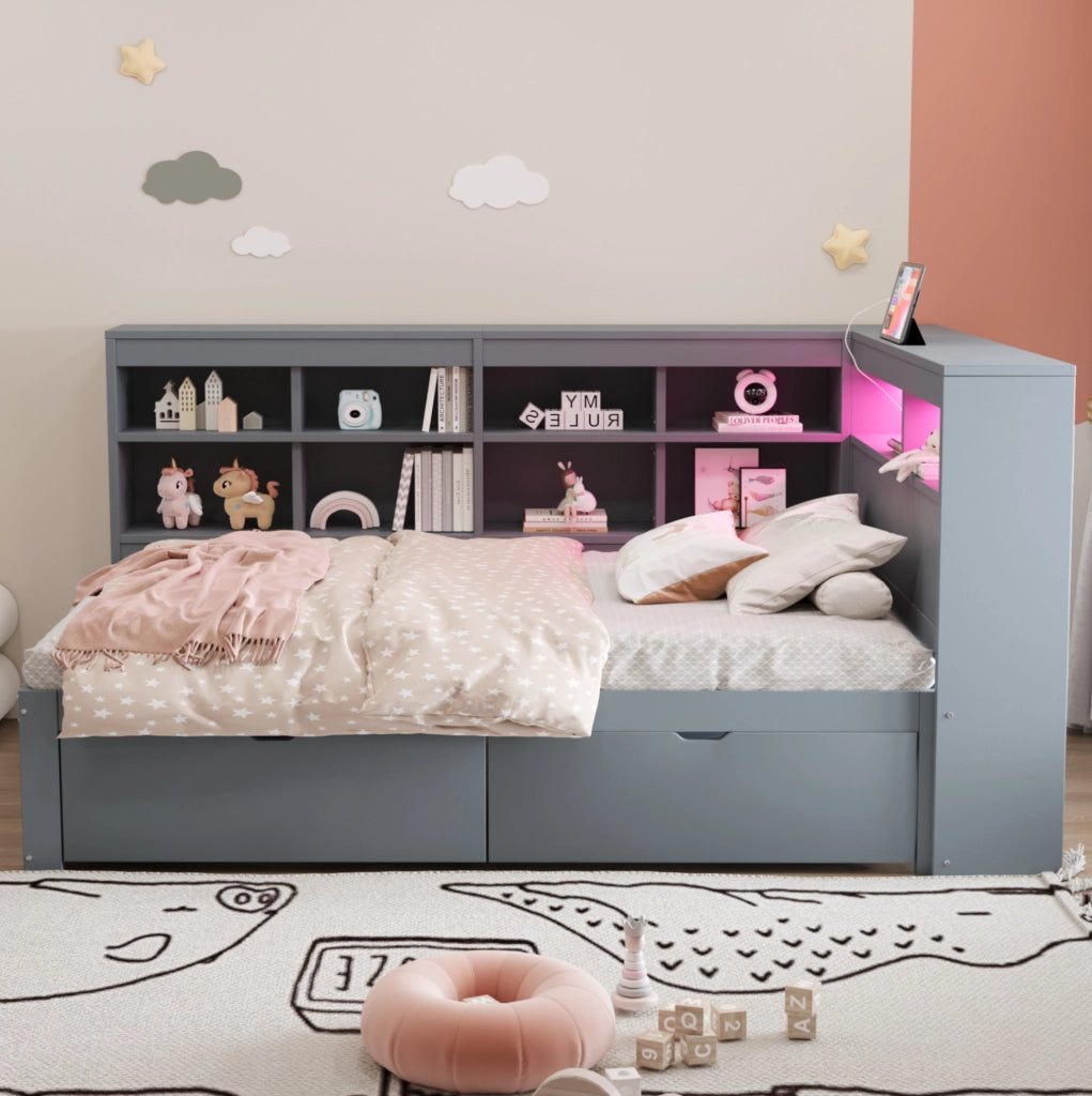 Letto singolo multifunzione 90x200 cm grigio con LED e USB