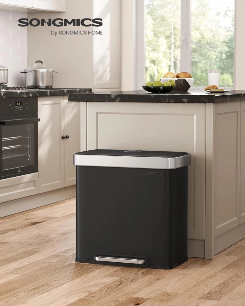 Pattumiera a Doppio Secchio, 2 x 30L, Cestino in Acciaio Inox e 15 Sacchetti di Rifiuti, con Secchi Interni in Plastica, Coperchi a Chiusura Morbida, 58,2 x 31,5 x 60,5 cm, Nero LTB202B01