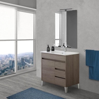 Mobile bagno da terra 80 cm linea Way rovere scuro con specchio e lavabo