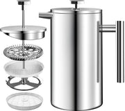Stagno in acciaio inossidabile per caffè a pressione 34oz (1,0 L) con sistema di filtraggio a 3 livelli - Cafetière a doppia parete isolata con 1 filtro extra (argento)