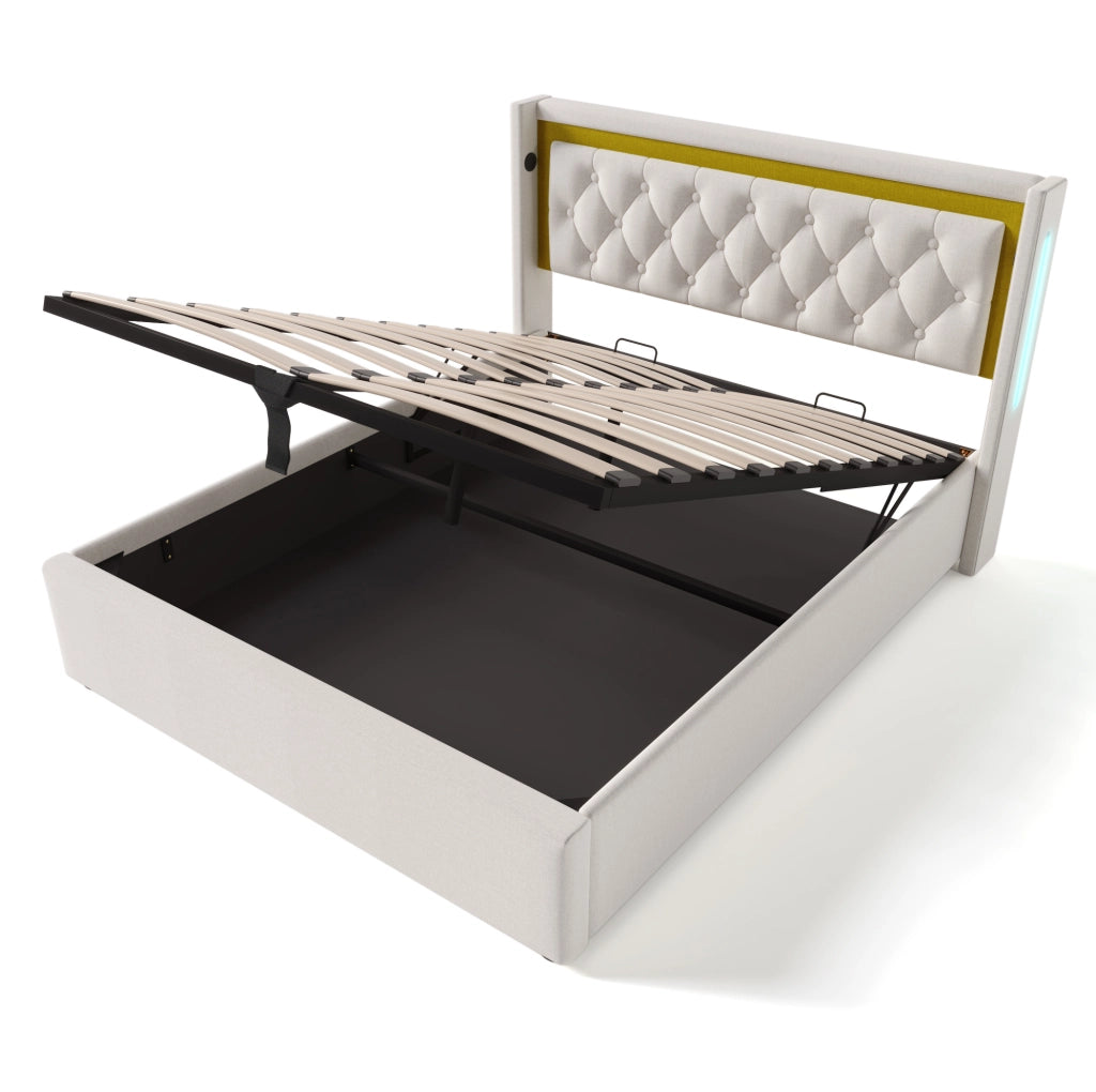 Letto matrimoniale imbottito con contenitore; LED; USB e Type-C 140x200 cm; beige chiaro